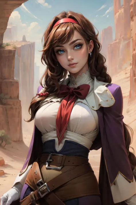 (masterpiece, best quality, ultra detailed, absurdres:1.5), 1girl, (sexy, beautiful woman, perfect face, perfect eyes, perfect female body, medium breasts:1.5), (virginia, brown hair, hairband, ribbon, gloves, braid, smile, red hairband, belt, long hair, bow, white gloves, purple dress, braid, <lora:virginia:0.7>), (standing, outdoors, desert, canyon), perfect lighting, smooth, hdr