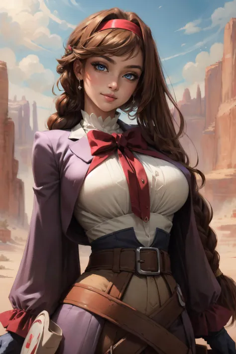 (masterpiece, best quality, ultra detailed, absurdres:1.5), 1girl, (sexy, beautiful woman, perfect face, perfect eyes, perfect female body, medium breasts:1.5), (virginia, brown hair, hairband, ribbon, gloves, braid, smile, red hairband, belt, long hair, bow, white gloves, purple dress, braid, <lora:virginia:0.7>), (standing, outdoors, desert, canyon), perfect lighting, smooth, hdr