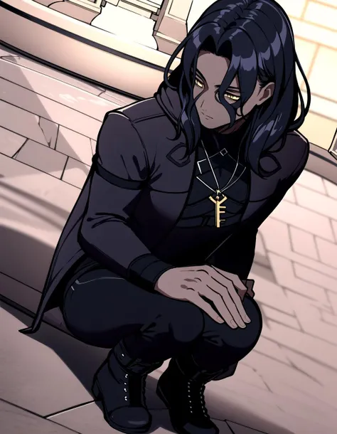 zelkovfe, masterpiece, best quality, 1boy, yellow eyes, black hair, long hair, solo, jewelry, key, male focus, boots, dark skin, dark-skinned male