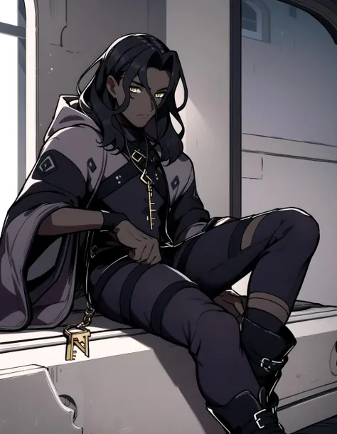 zelkovfe, masterpiece, best quality, 1boy, yellow eyes, black hair, long hair, solo, jewelry, key, male focus, boots, dark skin, dark-skinned male