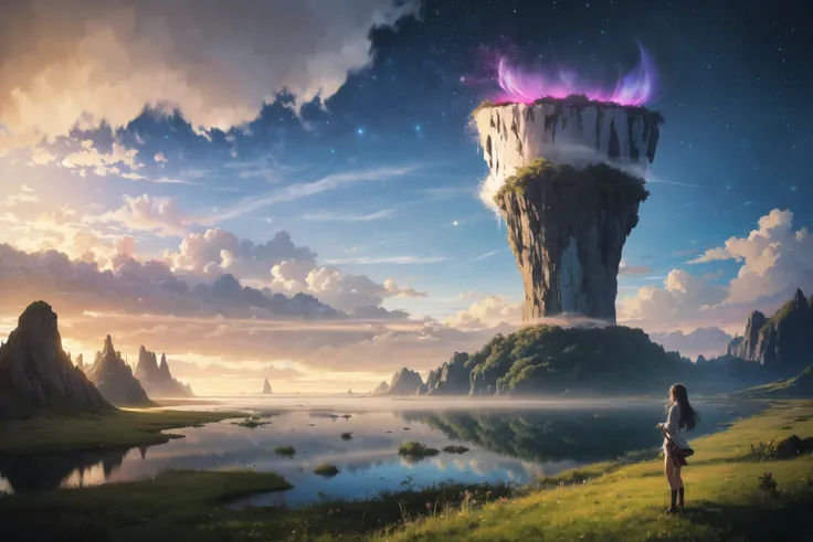 Anime (1girl:1.3) (cowboy shot portrait:1.2) Masterpiece beautiful, volumetric lighting, (ambrosia), gust of wind, grass, mountains stars ocean forest, (oro:1.2), (floating islands:1.3), (will-o'-the-wisp \(mythology\):1.2), peat bog, anti gravity, reflection, ripples, (vapor:1.3),