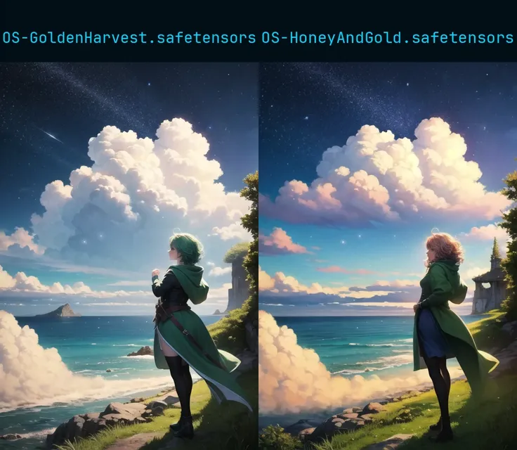 Ambrosia, Beautiful, HDR, Volumetric lighting, gust of wind, Cute Anime Woman, 1girl, solo, pastel goth, outdoor, curly green hair, druidic, healer magic, final fantasy, hood, will-o'-the-wisp \(mythology\), stars, ocean, mountains, clouds, forests,