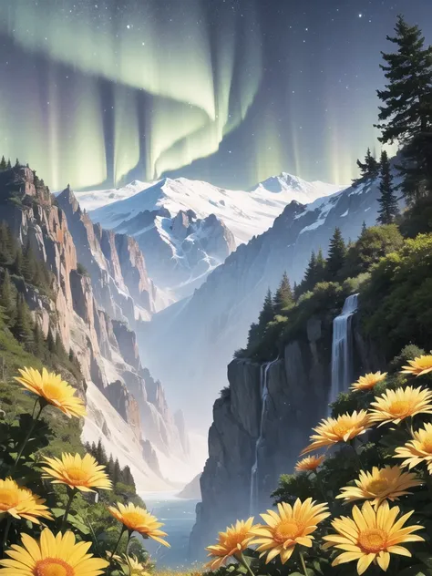 Masterpiece Portrait, Hdr, volumetric lighting, (themum:1.3), valley mountain forest, ocean ice rivers aurora, (portrait man:1.3) woman