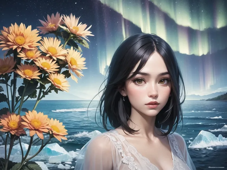 Masterpiece Portrait, Hdr, volumetric lighting, (themum:1.3), valley mountain forest, ocean ice rivers aurora, (portrait man:1.3) woman