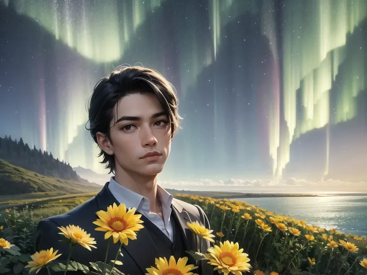 Masterpiece Portrait, Hdr, volumetric lighting, (themum:1.3), valley mountain forest, ocean ice rivers aurora, (portrait man:1.3)
