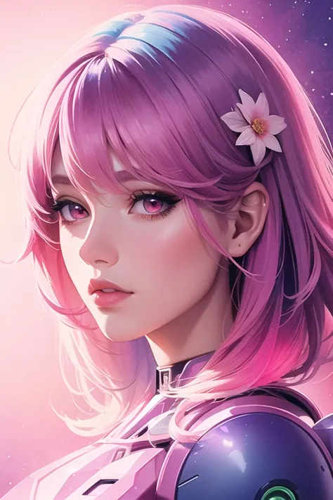 ambrosia, (watercolor) Masterpiece Portrait, Hdr, volumetric lighting, ( \(flower\):1.3), valley mountain forest, ocean ice rivers aurora, (portrait) anime (woman:1.3) 1girl, Neon Pink hair, Dark Red eyes, Masterpiece, best quality, (style of robocop:1.3)
