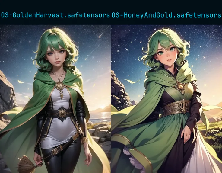 Ambrosia, Beautiful, HDR, Volumetric lighting, gust of wind, Cute Anime Woman, 1girl, solo, pastel goth, outdoor, curly green hair, druidic, healer magic, final fantasy, hood, will-o'-the-wisp \(mythology\), stars,