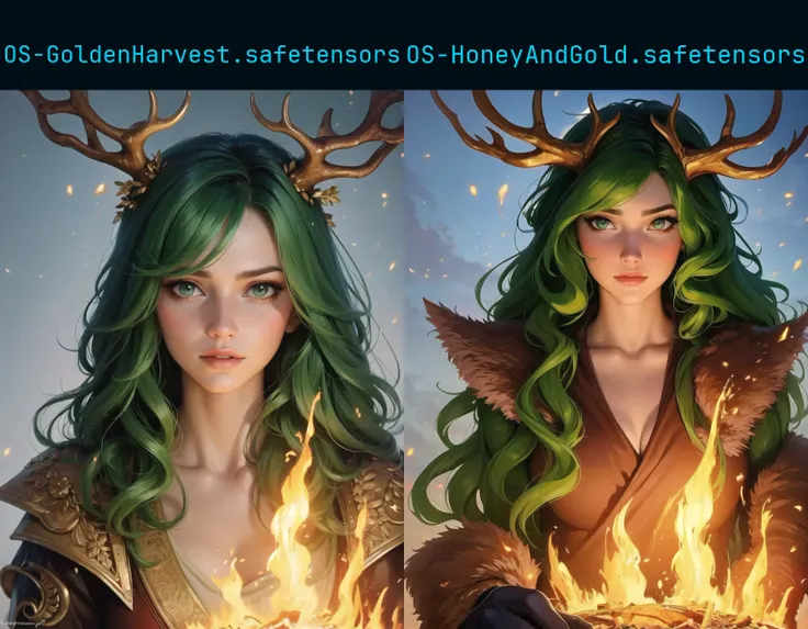 Masterpiece Portrait, Hdr, volumetric lighting, Beautiful Woman, solo, long curly hair, green hair, holding, golden eyes, yellow shirt, outdoors, pyromancer, magic and mysticism, kinetic, shadow, antlers, satyr, final fantasy, pan, druidic, solstice, queen,