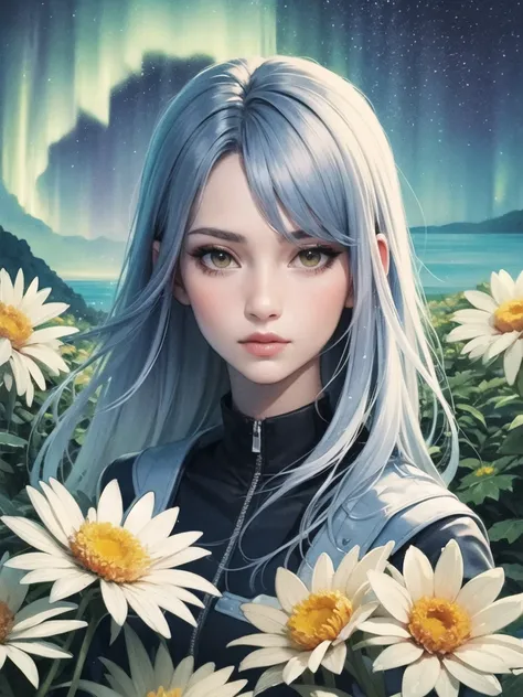 (watercolor) Masterpiece Portrait, Hdr, volumetric lighting, (themum:1.3), valley mountain forest, ocean ice rivers aurora, (portrait) anime (woman:1.3) 1girl