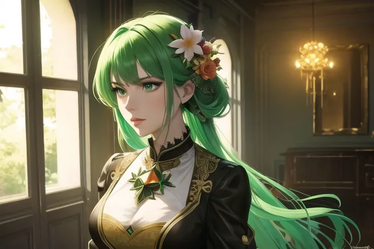 (ambrosia:1.3), Masterpiece Portrait, Hdr, volumetric lighting, ( \(flower\):1.3) (portrait) anime (woman:1.3) 1girl,Green hair, Dark Green eyes, cowboy shot, FOV 90,