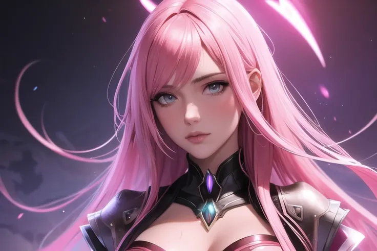 (ambrosia:1.3), Masterpiece Portrait, Hdr, volumetric lighting, (portrait) anime (woman:1.3) 1girl,Bright Pink hair, Grey eyes, cowboy shot, FOV 90, bioluminescence, night sky,