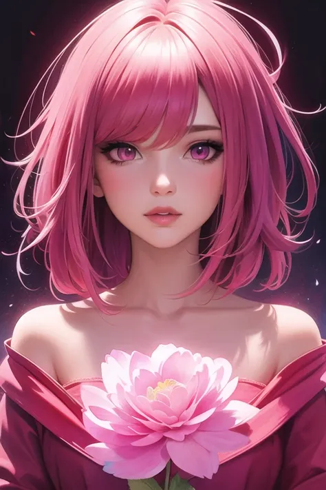 ambrosia, (watercolor) Masterpiece Portrait, Hdr, volumetric lighting, ( \(flower\):1.3) (portrait) anime (woman:1.3) 1girl, Neon Pink hair, Dark Red eyes, Masterpiece, best quality,