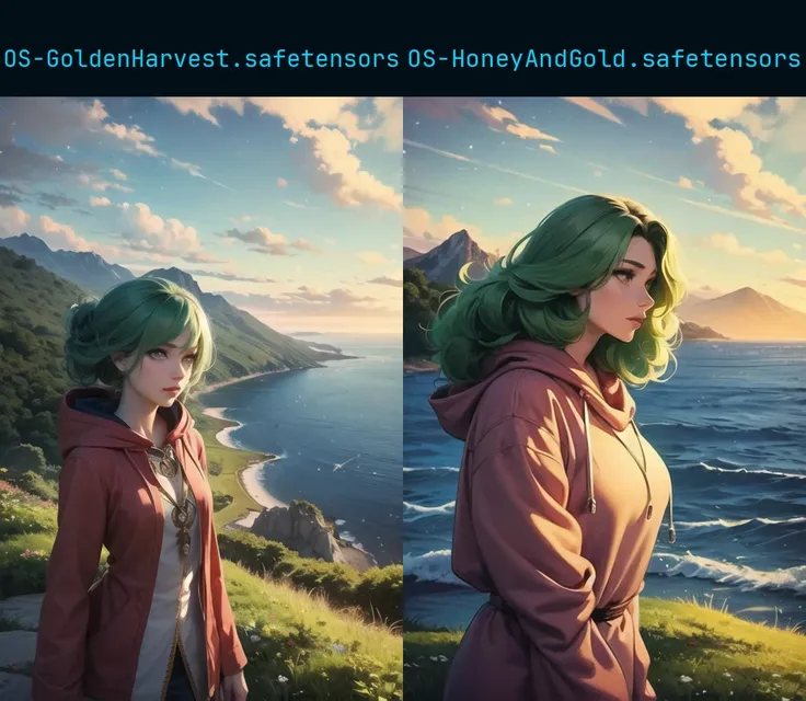 Ambrosia, Beautiful, HDR, Volumetric lighting, gust of wind, Cute Anime Woman, 1girl, solo, pastel goth, outdoor, curly green hair, druidic, healer magic, final fantasy, hood, will-o'-the-wisp \(mythology\), stars, ocean, mountains, clouds, forests, looking at viewer