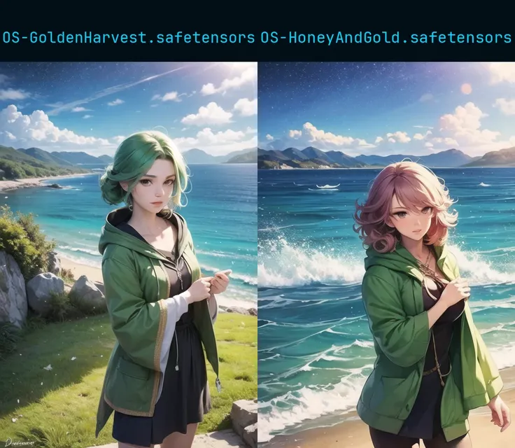 Ambrosia, Beautiful, HDR, Volumetric lighting, gust of wind, Cute Anime Woman, 1girl, solo, pastel goth, outdoor, curly green hair, druidic, healer magic, final fantasy, hood, will-o'-the-wisp \(mythology\), stars, ocean, mountains, clouds, forests, looking at viewer