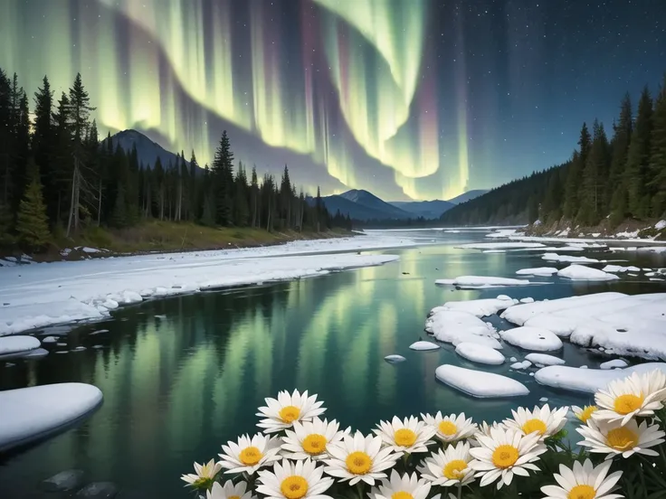 Masterpiece Portrait, Hdr, volumetric lighting, (themum:1.3), valley mountain forest, ocean ice rivers aurora