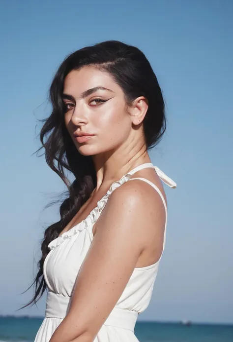 scorscore_9, score_8_up, score_7_up, score_6_up, rating_safe,
charliXcx, <lora:CharliXcxPonyRealism:1>, upper body, white sundress, on the beach, dark hair