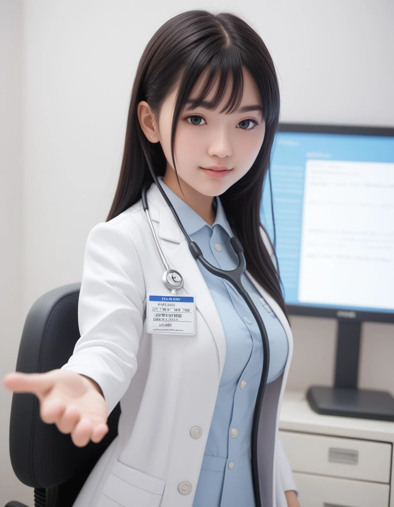 score_9, score_8_up, score_7_up, 1girl, solo,
(Best quality,masterpiece,absurdres,ultra realistic:1.2),
black hair,
black eyes,
very long hair,
(medium breasts:1.1),
slender,
(chinese:0.6),(japanese:1.2),
doctor,name tag,white coat,open coat,monitor ,hospital ,infirmary,cardiogram,curtains,indoors ,stethoscope ,swivel chair,,
Bending sideways with one hand reaching down,
(light smile:0.6),