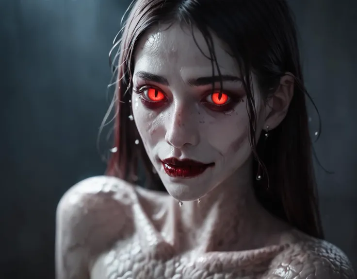 (cinematic,horror,score_9,score_8_up,score_7_up),Found footage of a sinister pale vampire woman with subtle glowing red eyes,slight ominous smile,a spooky forrest in the background,grainy picure,dim lighting,wet scales skin,<lora:raita_xl:0.7>,<lora:add-detail-xl:1.0>