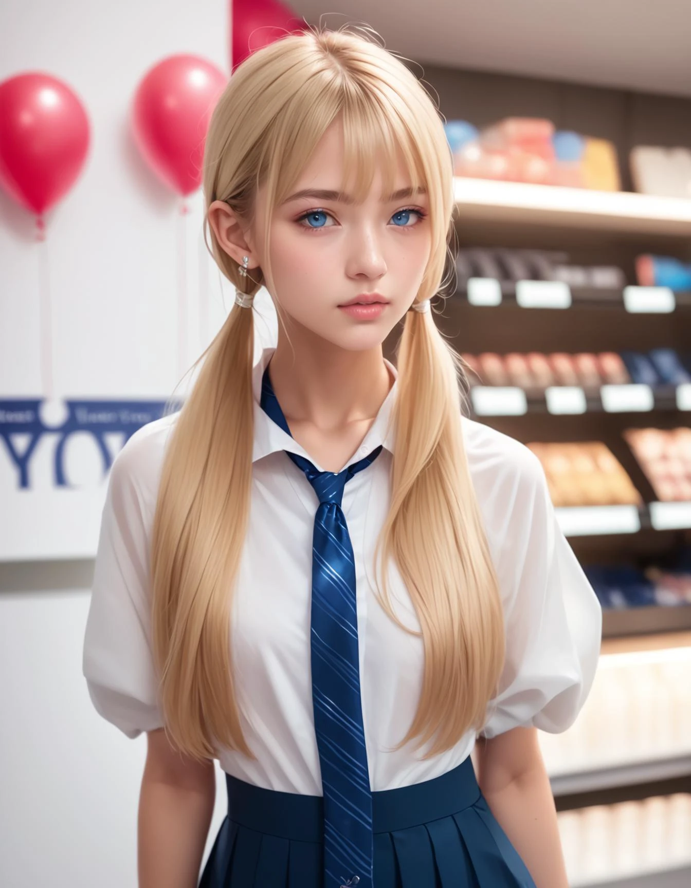 score_9, score_8_up, score_7_up, 1girl, solo,
(Best quality,masterpiece,absurdres:1.2),
(realistic),
(blonde hair:1.1), (blue eyes),
long twintails hair,
(small breasts:1.1),
slender,
(European:1.2),
Tie-neck blouse with a pleated front and balloon sleeves , Fashion store,Apparel store,jewelry shop
20yo,