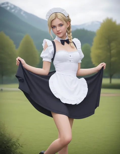 score_9, score_8_up, score_7_up, 1girl, solo,
(Best quality,masterpiece,absurdres,ultra realistic:1.2),
(blonde hair:1.2), (blue eyes, shiny eyes),
single braid hair,
(small breasts:1.1),
slender,
(European:1.1),
maid,maid headdress , maid apron,frills,puffy sleeves,outdoors,,
Pretending to swing a golf club,
(light smile:0.6),