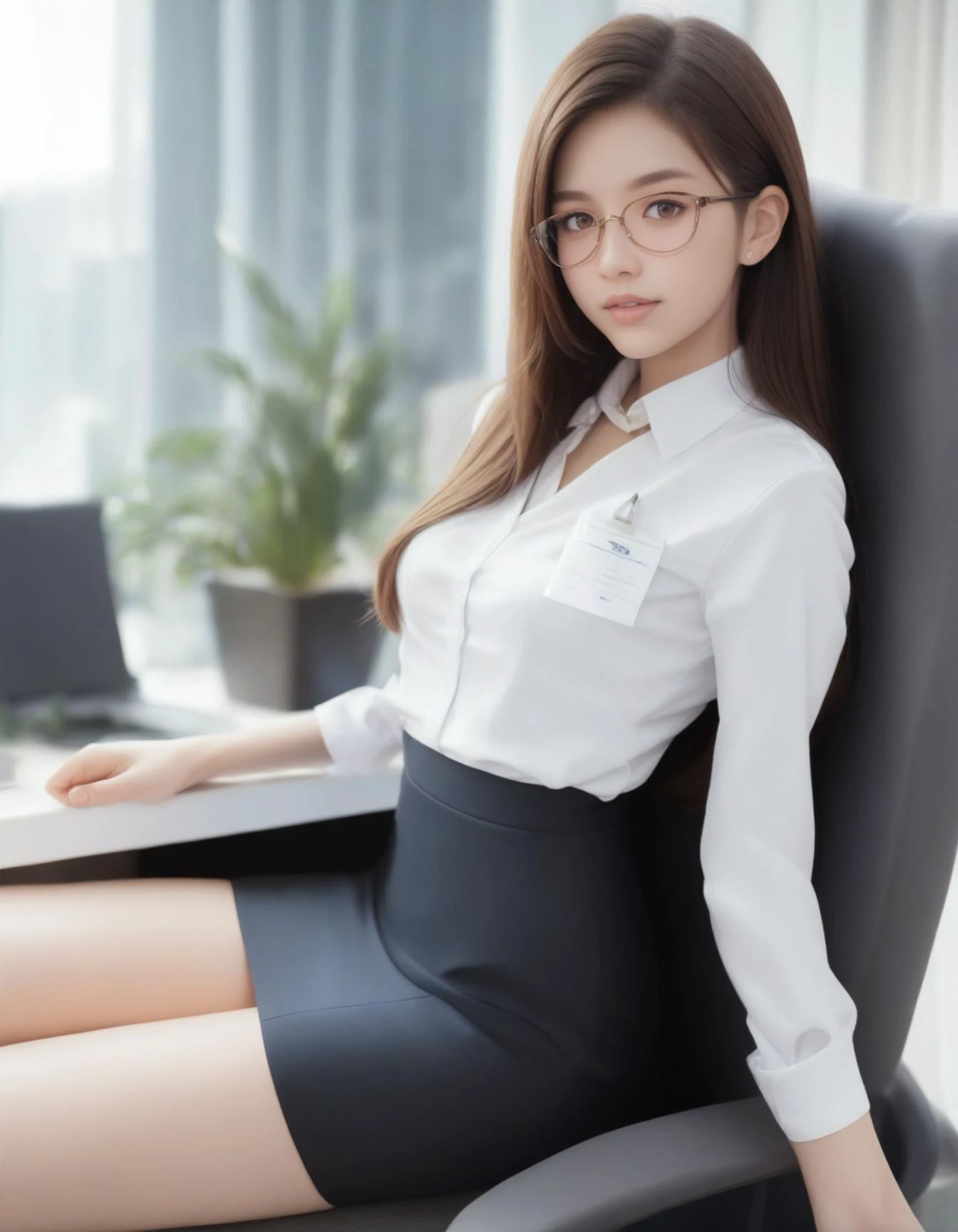 score_9, score_8_up, score_7_up, 1girl, solo,
(Best quality,masterpiece,absurdres:1.2),
(realistic:1.2),
(brown hair:1.1), (brown eyes),
very long hair,
(medium breasts:1.0),
slender,
(European:1.0),Clothing,
office ,office lady,business suit ,pencil skirt,glasses, office chair ,
leaning to the side,
