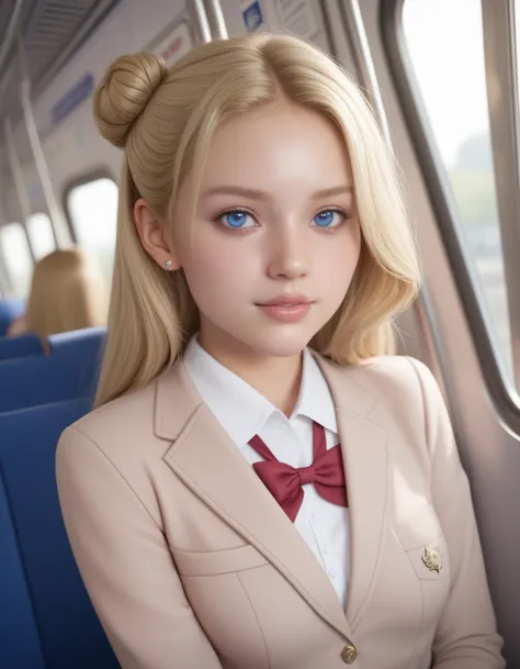 score_9, score_8_up, score_7_up, 1girl, solo,
(Best quality,masterpiece,absurdres,ultra realistic:1.2),
(blonde hair:1.2), (blue eyes, shiny eyes),
single side bun hair,
(small breasts:1.1),
slender,
(European:1.1),
blazer school uniform,train interior,crowd,,
Pretending to hit a baseball,
(light smile:0.6),