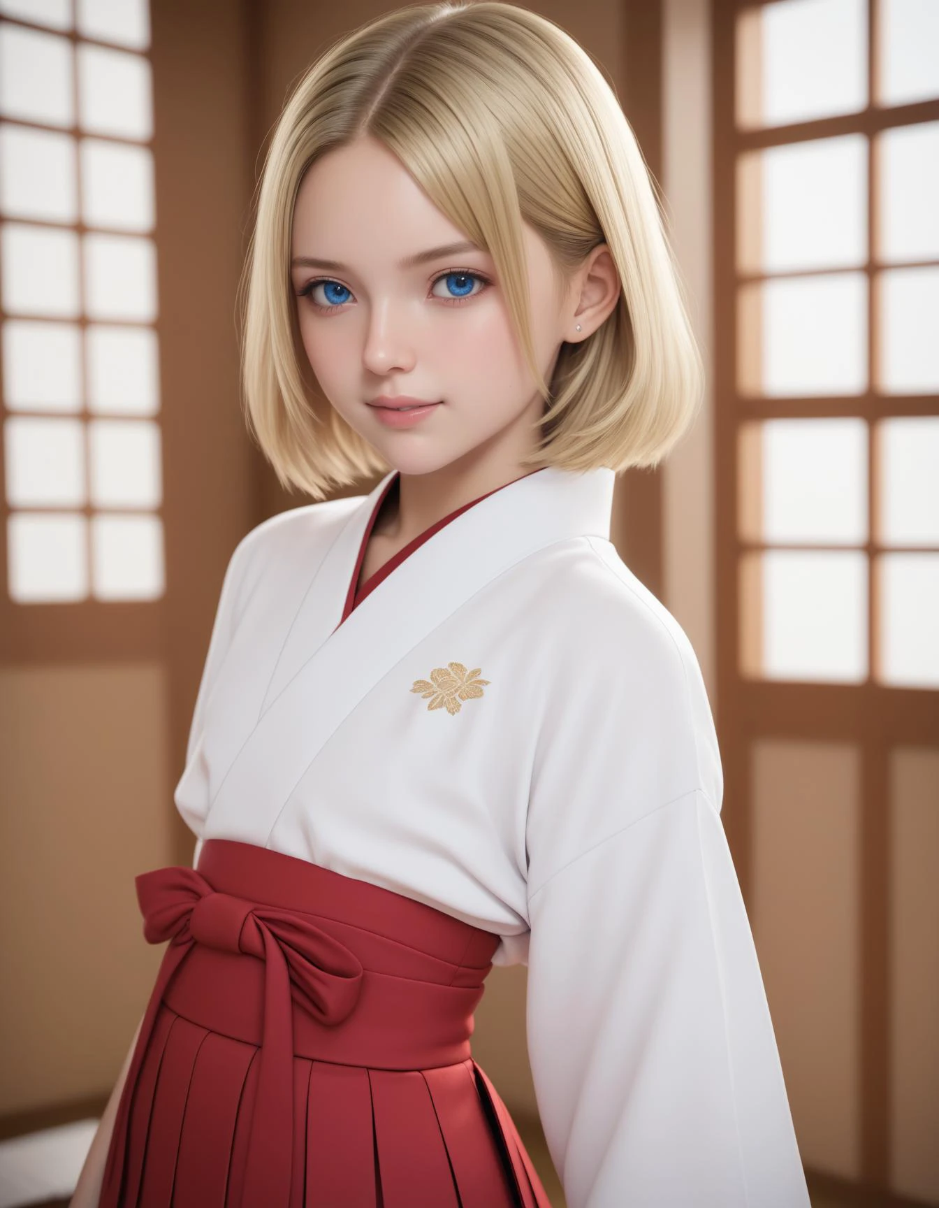 score_9, score_8_up, score_7_up, 1girl, solo,
(Best quality,masterpiece,absurdres,ultra realistic:1.2),
(blonde hair:1.2), (blue eyes, shiny eyes),
bob hair,
(flat chest:1.1),
slender,
(European:1.1),
shinai ,kendo,dojo,hakama,hakama skirt,,
Standing with one hand touching the chin,
(light smile:0.6),