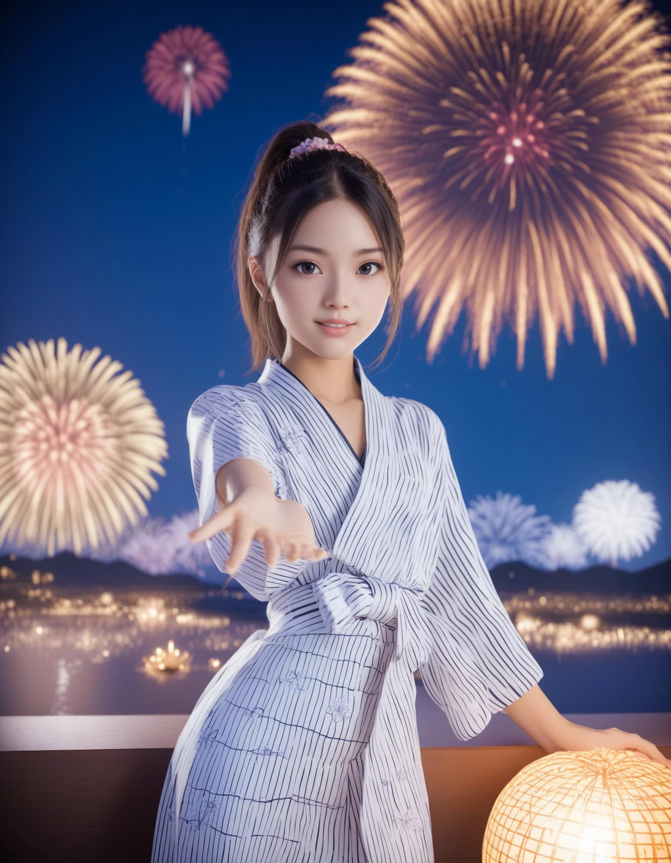 score_9, score_8_up, score_7_up, 1girl, solo,
(Best quality,masterpiece,absurdres,ultra realistic:1.2),
black hair,
black eyes,
high ponytail hair,
(flat chest:1.1),
slender,
(chinese:0.6),(japanese:1.2),
yukata,fireworks ,night,uchiwa,aerial fireworks ,,
Reaching high with both hands,
(light smile:0.6),