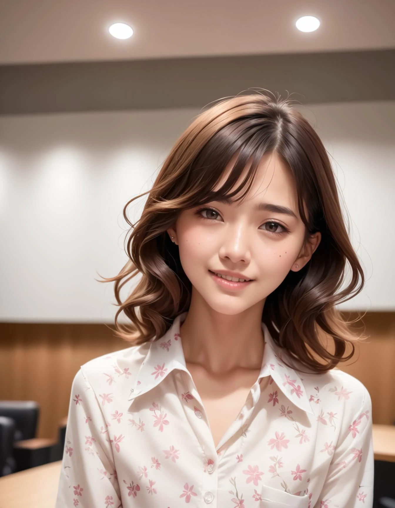 score_9, score_8_up, score_7_up, 1girl, solo,
(Best quality,masterpiece,absurdres:1.2),
(realistic),
(brown hair:1.1), (brown eyes),
wavy bob hair,
(flat chest:1.1),
slender,
BREAK
(japanese:1.2),
Bold and Floral: A collared shirt featuring large, bold floral prints paired , concert hall,auditorium, stage,
sad_smile ,,
20yo,