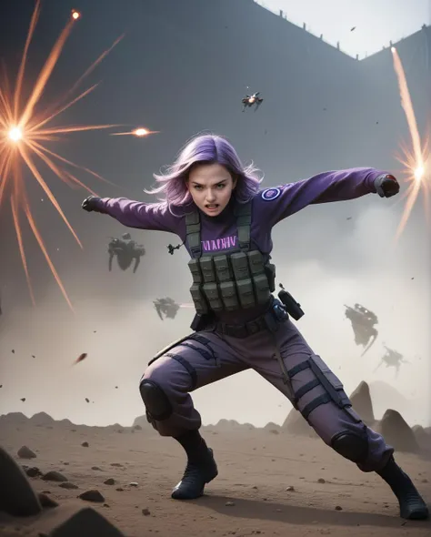 score_9, score_8_up, score_7_up, stunning photograph, (26yo 1girl, beautiful, cute, purple hair, thin, lithe:1.2), full body, Belizean, detailed background, extravagant Ruined Kingdom setting, (action movie, conflict, battle, fight, surrounded by many enemies, foes:1.2)