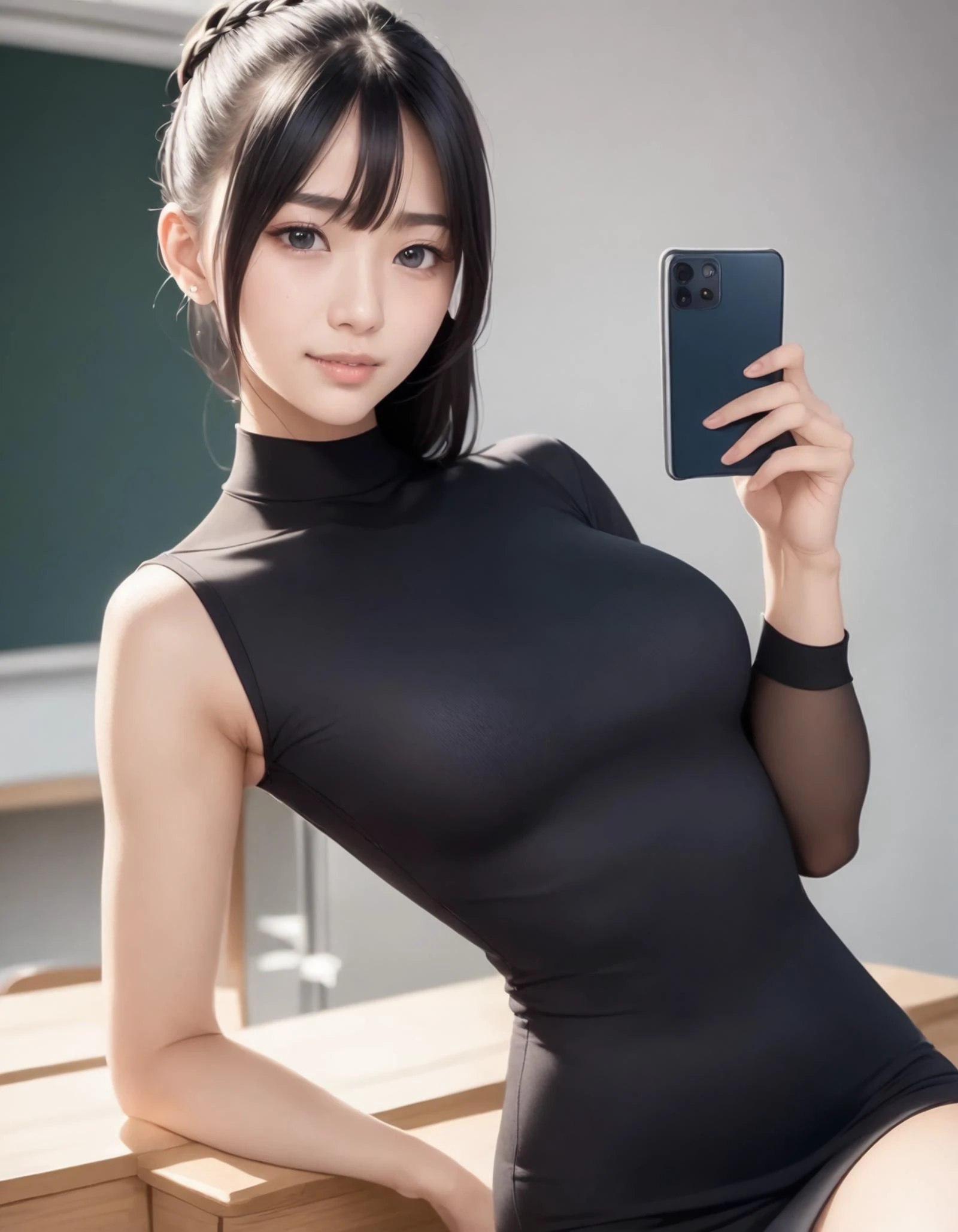 1girl, solo,
(Best quality:1.0),(masterpiece:1.0),photorealistic,
(realistic),photograph,hyperdetailed photography,raw photo,
cowboy shot,
(black hair:1.1), (black eyes),
crown braid hair,
(medium breasts:1.1),
slender,
BREAK
(japanese:1.2),
classroom,teacher,pencil skirt,
nervous_smile ,,
(20yo:1.2)