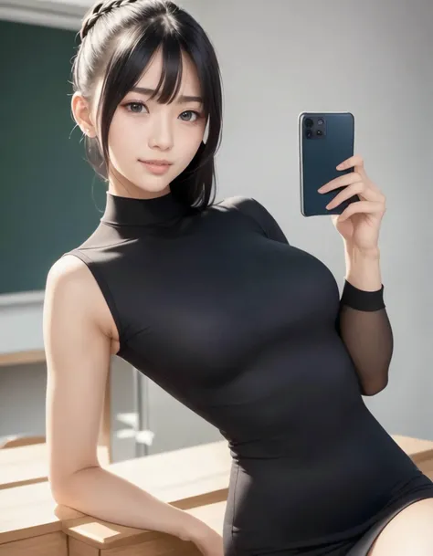 1girl, solo,
(Best quality:1.0),(masterpiece:1.0),photorealistic,
(realistic),photograph,hyperdetailed photography,raw photo,
cowboy shot,
(black hair:1.1), (black eyes),
crown braid hair,
(medium breasts:1.1),
slender,
BREAK
(japanese:1.2),
classroom,teacher,pencil skirt,
nervous_smile ,,
(20yo:1.2)