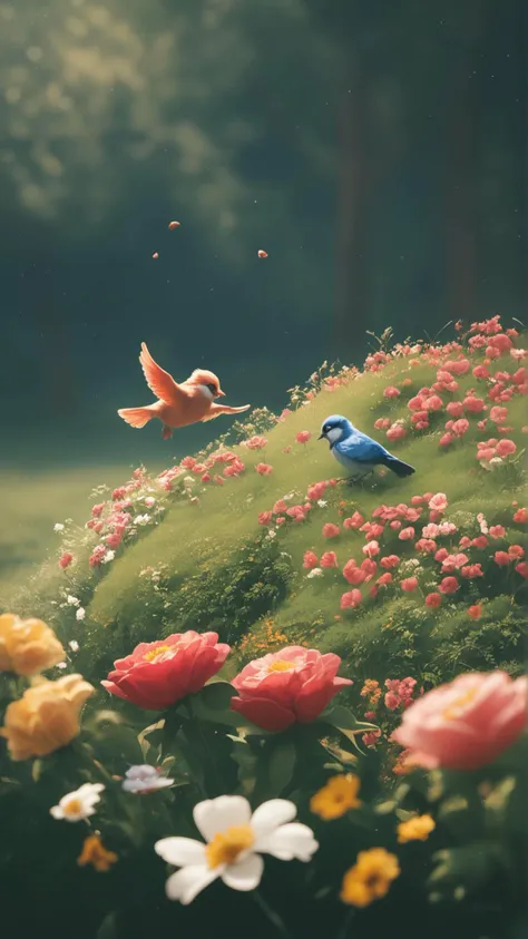 score_9, score_8_up, score_7_up,bluejay singing the song of its people, happy springtime, flowers in bloom