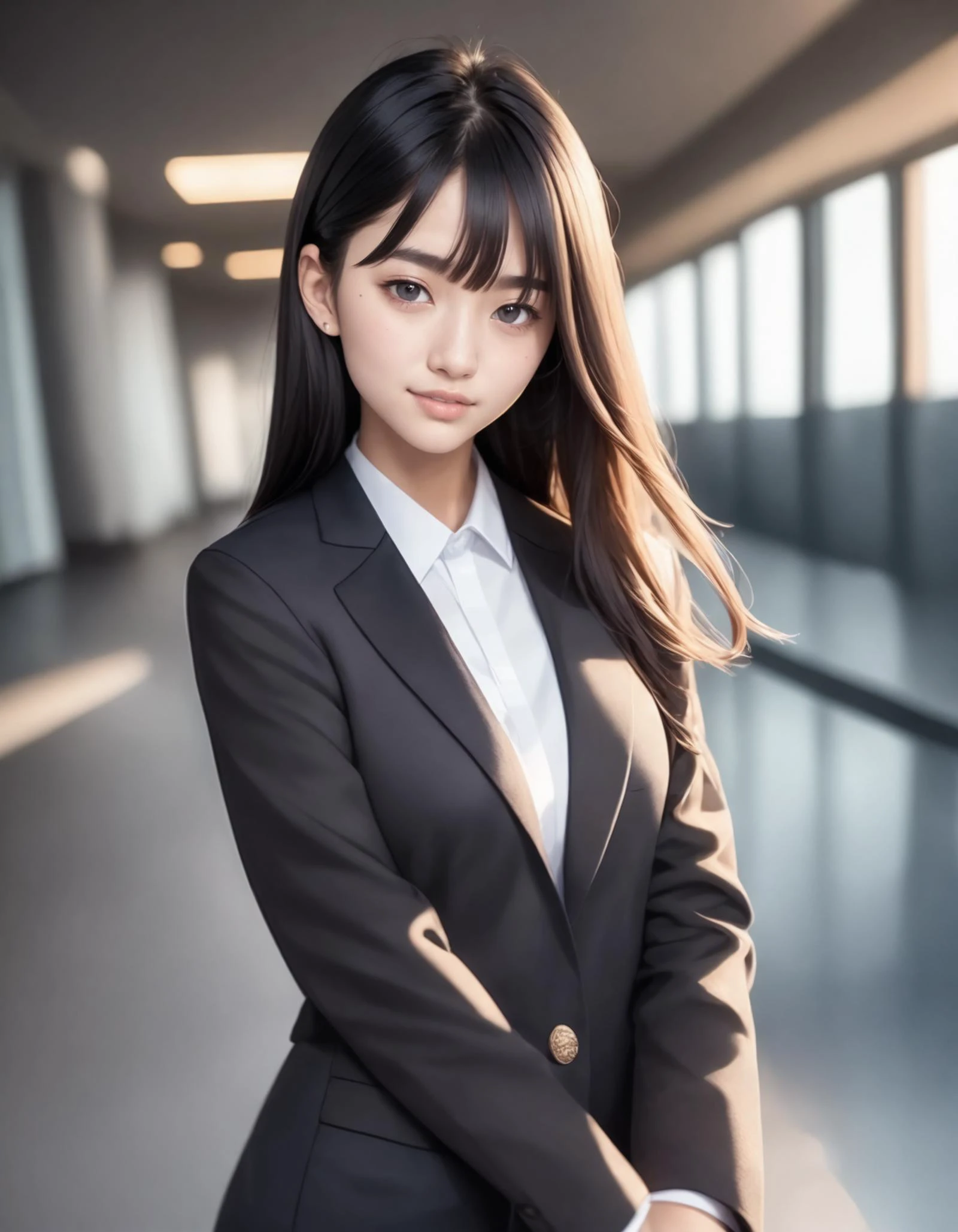 1girl, solo,
(Best quality:1.0),(masterpiece:1.0),photorealistic,
(realistic),photograph,hyperdetailed photography,raw photo,
cowboy shot,
(black hair:1.1), (black eyes),
long hair,
(medium breasts:1.1),
slender,
BREAK
(japanese:1.2),
blazer school uniform,school ,indoors,
smile,
(20yo:1.2)
