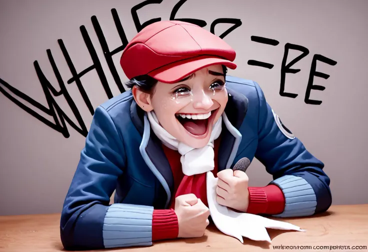 score_9, score_8_up, score_7_up, 1girl, Wheeze, open mouth, tears, laughing, <lora:Lucas__Rei_Pokemon_Multiple_Outfits__Pony:1>, solo, lucas_pl, black hair, grey eyes, red hat, blue jacket, red sweater, white scarf, hand on table, english text, clenched hand, <lora:Wheeze_XLPD:1>
