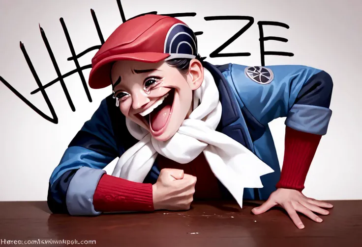score_9, score_8_up, score_7_up, 1girl, Wheeze, open mouth, tears, laughing, <lora:Lucas__Rei_Pokemon_Multiple_Outfits__Pony:1>, solo, lucas_pl, black hair, grey eyes, red hat, blue jacket, red sweater, white scarf, hand on table, english text, clenched hand, <lora:Wheeze_XLPD:1>