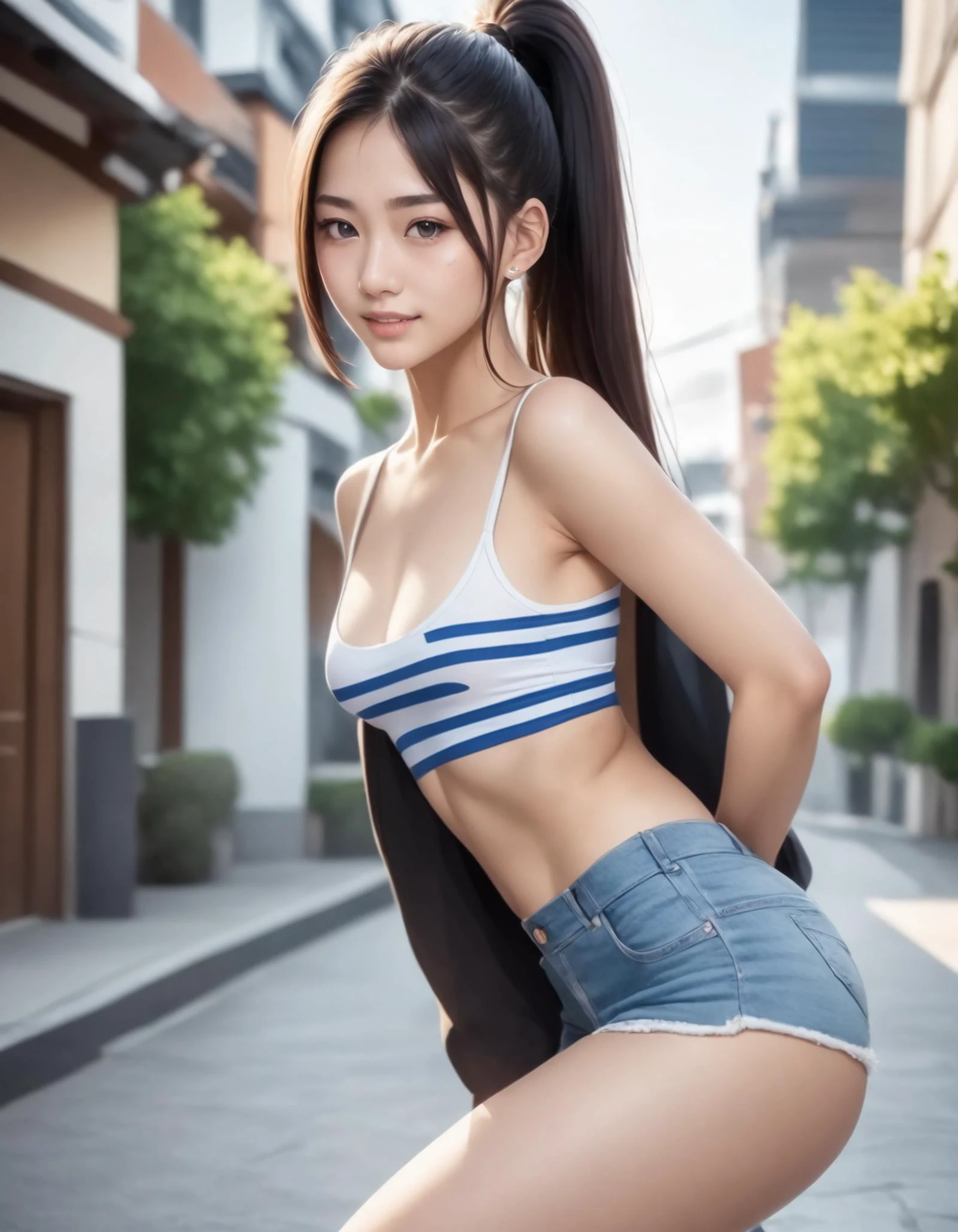 1girl, solo,
(Best quality:1.0),(masterpiece:1.0),photorealistic,
(realistic),photograph,hyperdetailed photography,raw photo,
full body,
(black hair:1.1), (black eyes),
high ponytail hair,
(small breasts:1.1),
slender,
BREAK
(japanese:1.2),
Striped off-the-shoulder top and paperbag waist shorts , village, houses, public buildings, village green
false_smile ,,
(20yo:1.2)