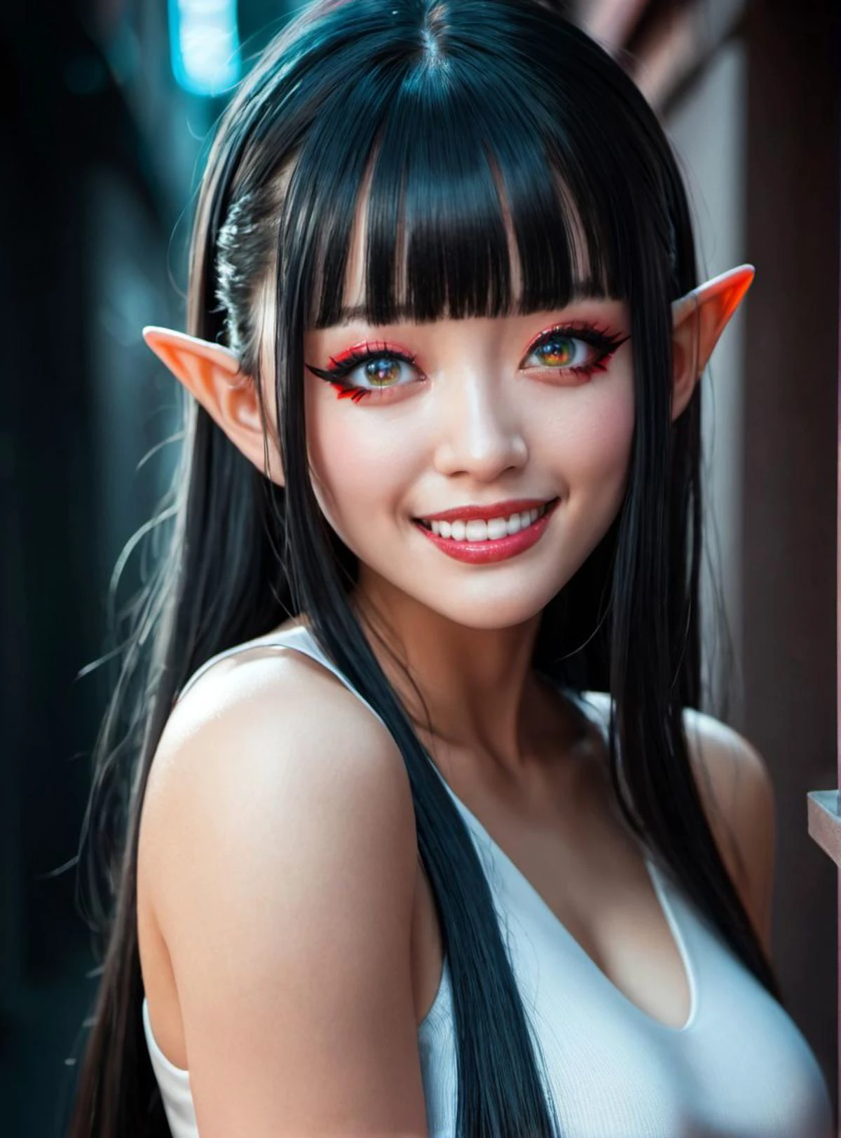 score_9, score_8_up, score_7_up, lady,
black hair, red, blunt bangs, medium breasts, elf, pointy ears, shocked, detailed eyes, detailed face, smirk,
Japanese, Russian,
blush, makeup, sexy, long eyelashes, 21 yo woman, 21 years old, makeup, eye makeup, dark background, in dystopian city, alley, futuristic, cyberpunk, fantasy,, Aerosol paint art style, spray painted, vibrant colors, seamless blending, dynamic compositions, bold contrasts, urban aesthetic, professional-grade results