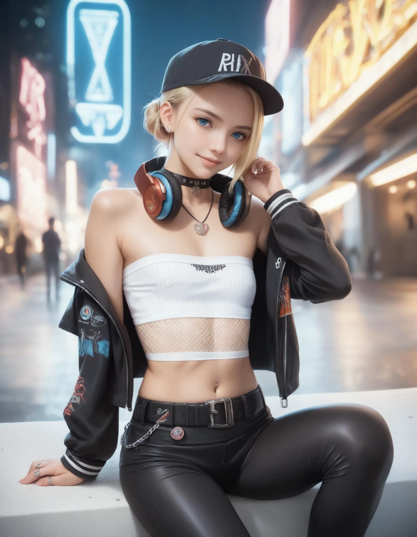 score_9, score_8_up, score_7_up, 1girl, solo,
(Best quality,masterpiece,absurdres:1.2),
(realistic:1.2),
(blonde hair:1.1), (blue eyes),
single bun hair,
(flat chest:1.0),
slender,
(European:1.0),Clothing,
headphones around neck, baseball cap, ring, jewelry, navel, belt, cleavage, off shoulder,black pants, crop top, black jacket, skeleton, open jacket, necklace, long sleeves, bare shoulders, white shirt, skull and crossbones, strapless, fishnets, badge, black belt, multicolored, tank top, tube top, choker, humb ring, earrings, underwear, see-through, bandeau, belt buckle, graffiti, neon lights, casual,piercing, cyberpunk, zipper pull tab, fishnet top, contemporary,
sitting,
(smile:0.6),