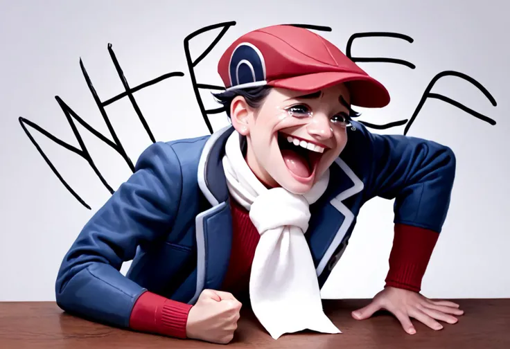 score_9, score_8_up, score_7_up, 1girl, Wheeze, open mouth, tears, laughing, <lora:Lucas__Rei_Pokemon_Multiple_Outfits__Pony:1>, solo, lucas_pl, black hair, grey eyes, red hat, blue jacket, red sweater, white scarf, hand on table, english text, clenched hand, <lora:Wheeze_XLPD:1>
