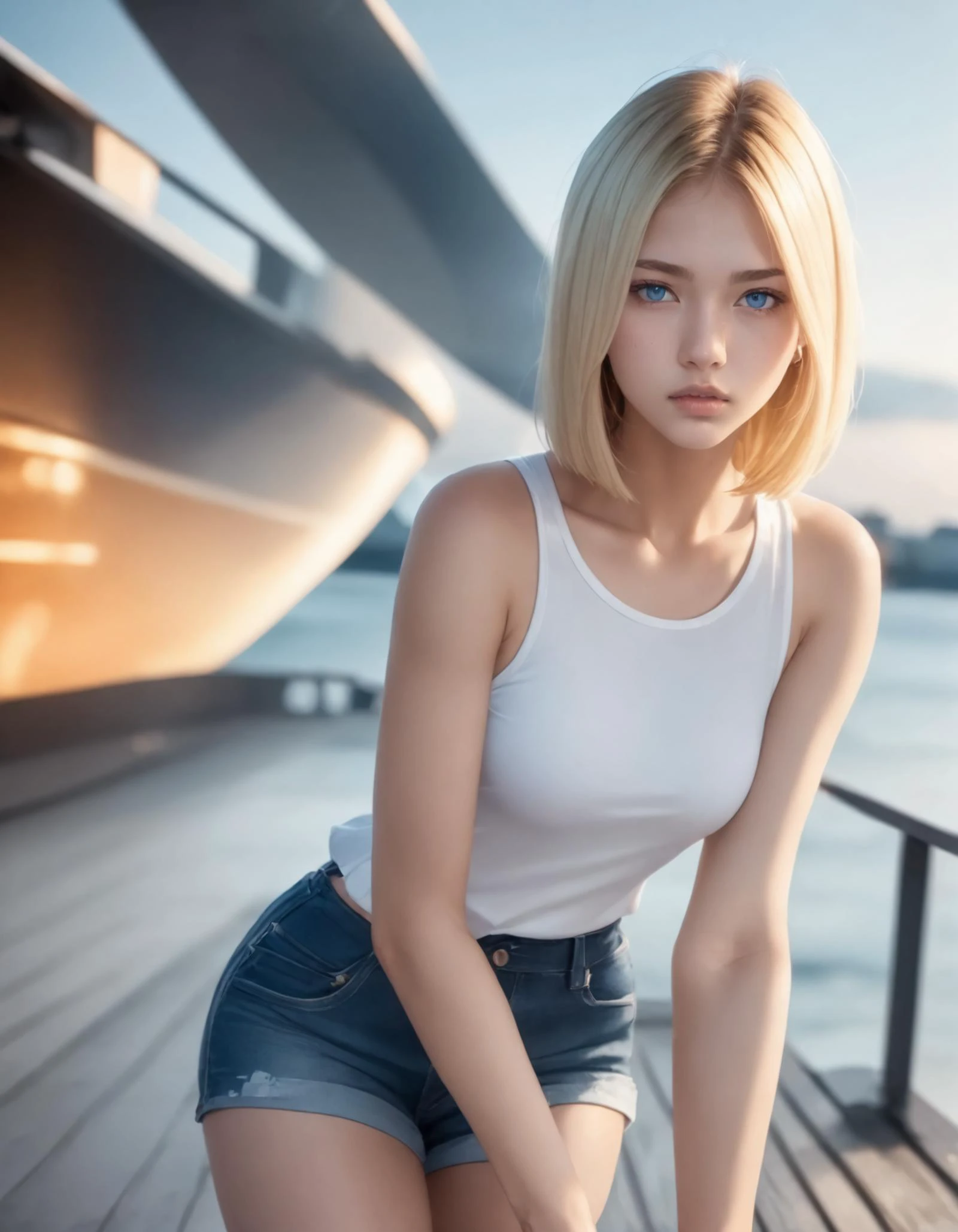 1girl, solo,
(Best quality:1.0),(masterpiece:1.0),photorealistic,
(realistic),photograph,hyperdetailed photography,raw photo,
(blonde hair:1.1), (blue eyes),
shoulder length hair,
(small breasts:1.1),
slender,
(European:1.2),
Floral print polo shirt and khaki shorts , cargo ship,vessel, hull, bow, stern, superstructure, cargo holds, deck, bridge, navigation equipment,
expressionless,,
(20yo:1.2)