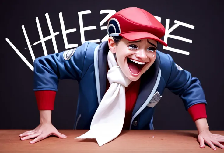 score_9, score_8_up, score_7_up, 1girl, Wheeze, open mouth, tears, laughing, <lora:Lucas__Rei_Pokemon_Multiple_Outfits__Pony:1>, solo, lucas_pl, black hair, grey eyes, red hat, blue jacket, red sweater, white scarf, hand on table, english text, clenched hand, <lora:Wheeze_XLPD:1>