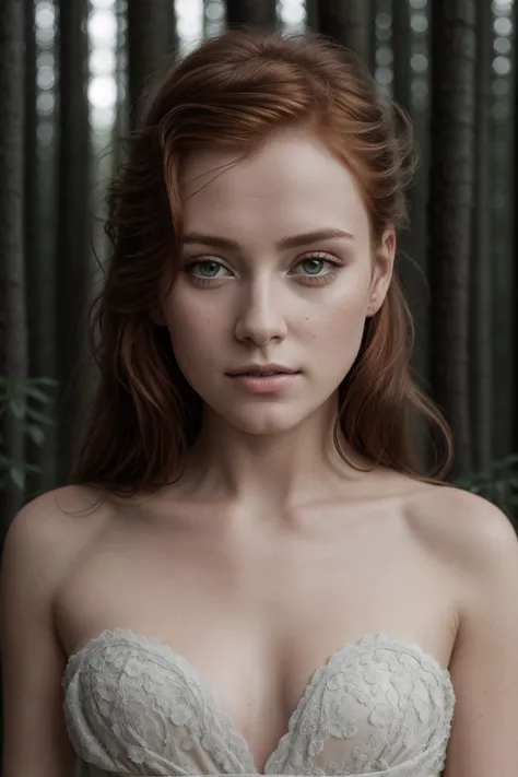 close up of a european woman, ginger hair, winter forest, natural skin texture, 24mm, 4k textures, soft cinematic light, RAW photo, photorealism, photorealistic, intricate, elegant, highly detailed, sharp focus, ((((cinematic look)))), soothing tones, insane details, intricate details, hyperdetailed, low contrast, soft cinematic light, dim colors, exposure blend, hdr, faded