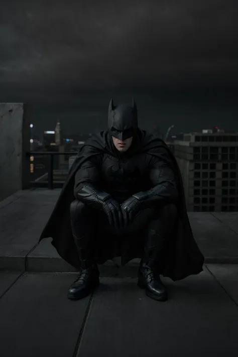 A cinematic photograph capturing the iconic silhouette of Batman perched atop a Gotham City rooftop, inspired by the dark and atmospheric style of Christopher Nolan's Batman films. Moody lighting, brooding shadows, billowing cape, stoic pose, vigilant gaze, urban skyline, gritty textures, monochromatic palette, dramatic angles, intense atmosphere, mysterious ambiance, symbolic presence, masked identity, urban legend, timeless heroism, dynamic composition, gritty realism.