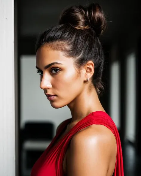 all hell breaking loose, I need a hero, dire distress, photo woman, ((hair in tight bun)), (high detailed skin:1.2), RAW, 8k uhd, dslr, soft lighting, high quality, film grain, Fujifilm XT3