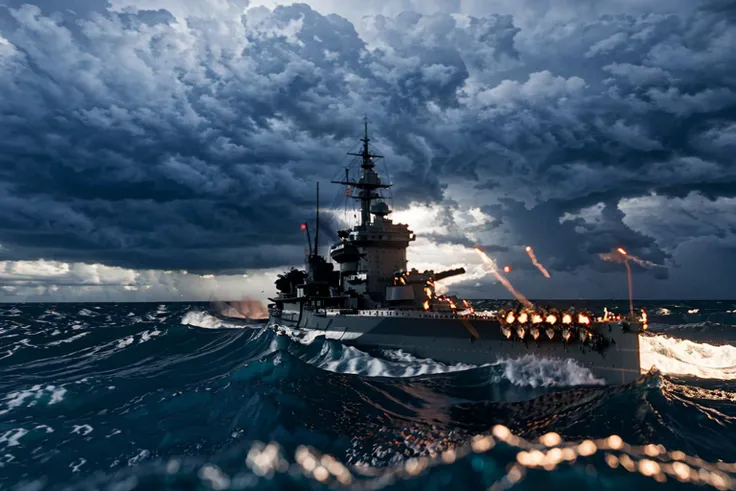 warspite, battleship, firing guns, cruising through high waves, low angle, dramatic sky, dark clouds, thunder, lightning, bad weather, storm, rain, high waves, intense, dramatic lighting, realistic, highly detailed, cinematic,
<lora:HMS_Warspite_Battleship:0.7>