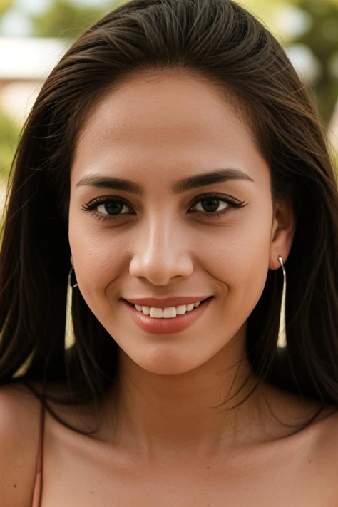 Beautiful mexican woman, 18 years old, portrait photo, close-up of face, smiling seductively, (skin texture:1.1), (high detail face:1.1),high detail body, high detail clotheasterpiece), (realistic), ultra high definition, 4k, ultra high resolution, film grain, cinematic lighting, rim lighting, photo by Mark Mann, RAW image
