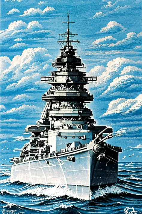 <lora:Bismarck_Battleship:1> bismarck, battleship, at sea, high waves, iland with lighthouse, 3d,