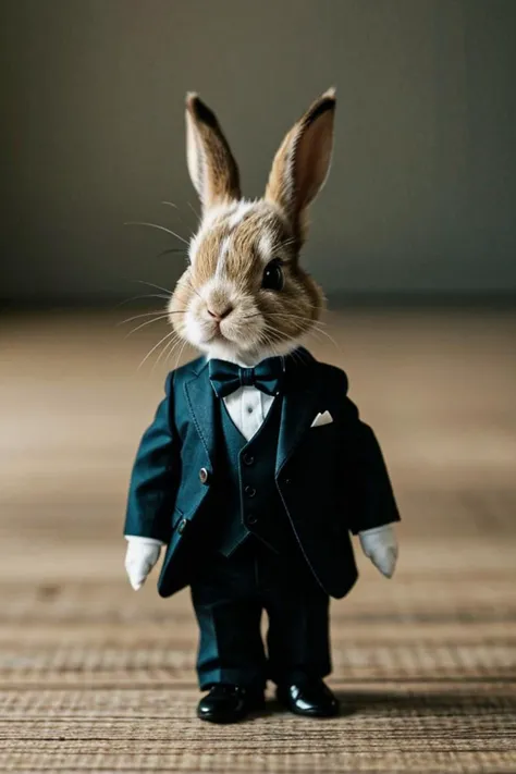 A charming photo of a small bunny. He is wearing a suit. masterpiece, ultra-quality, hyperrealistic, RAW photo, highly detailed, 4k, medium shot, cinematic photography, natural texture, action shot, XF IQ4, 150MP, 50mm, ISO 1000, 1/250s, natural light