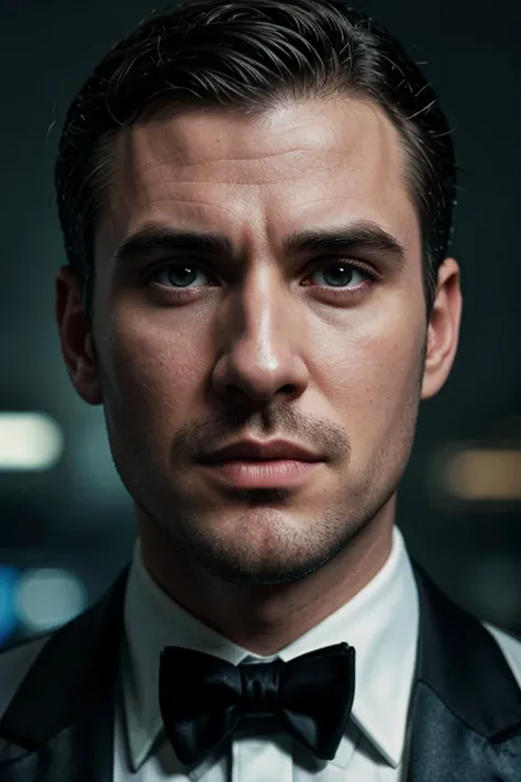 RAW face closeup portrait of a man wearing a tuxedo, professional photography, in blade runner, high resolution, 4k, 50mm, vaporwave, photo by Brooke Shaden, close portrait